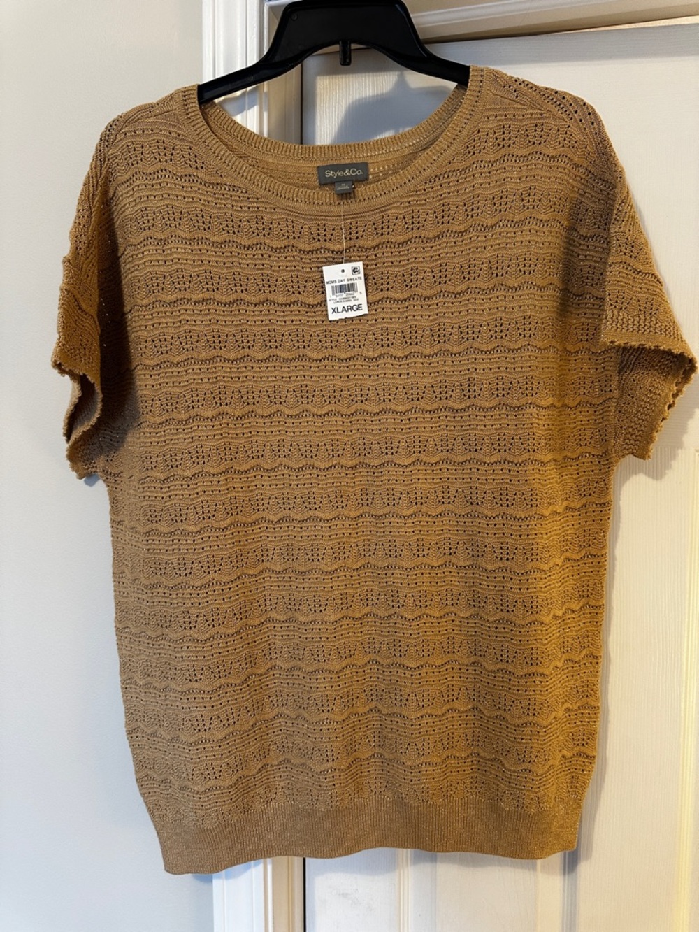 New! Style & Co. XL Metallic Tan Openwork Short Sleeve Knit